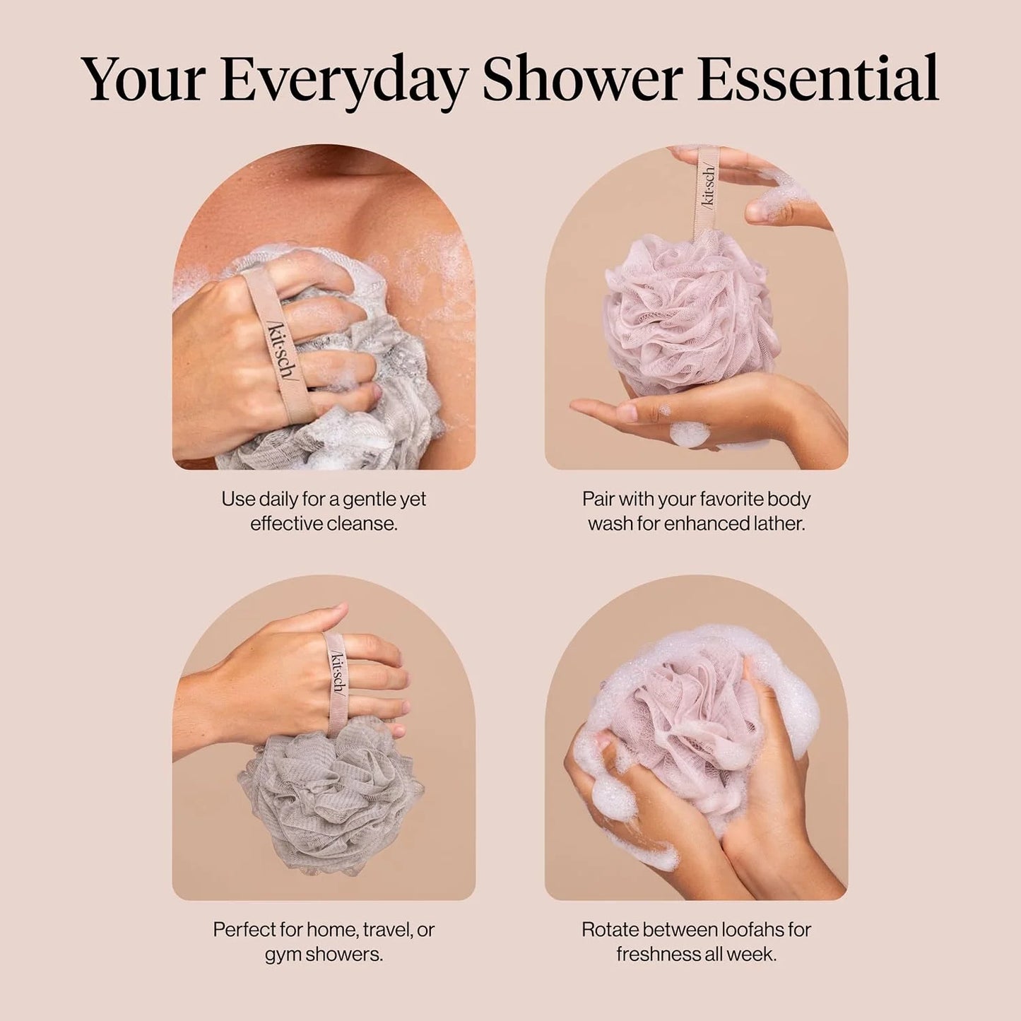 Kitsch Shower Loofah – Soft Mesh Body Scrubber & Bath Sponge - 3pc Set