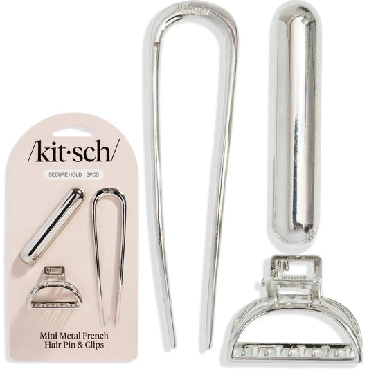 Kitsch Mini Metal French Hair Pin & Hair Clips for Women - Silver, Set of 3
