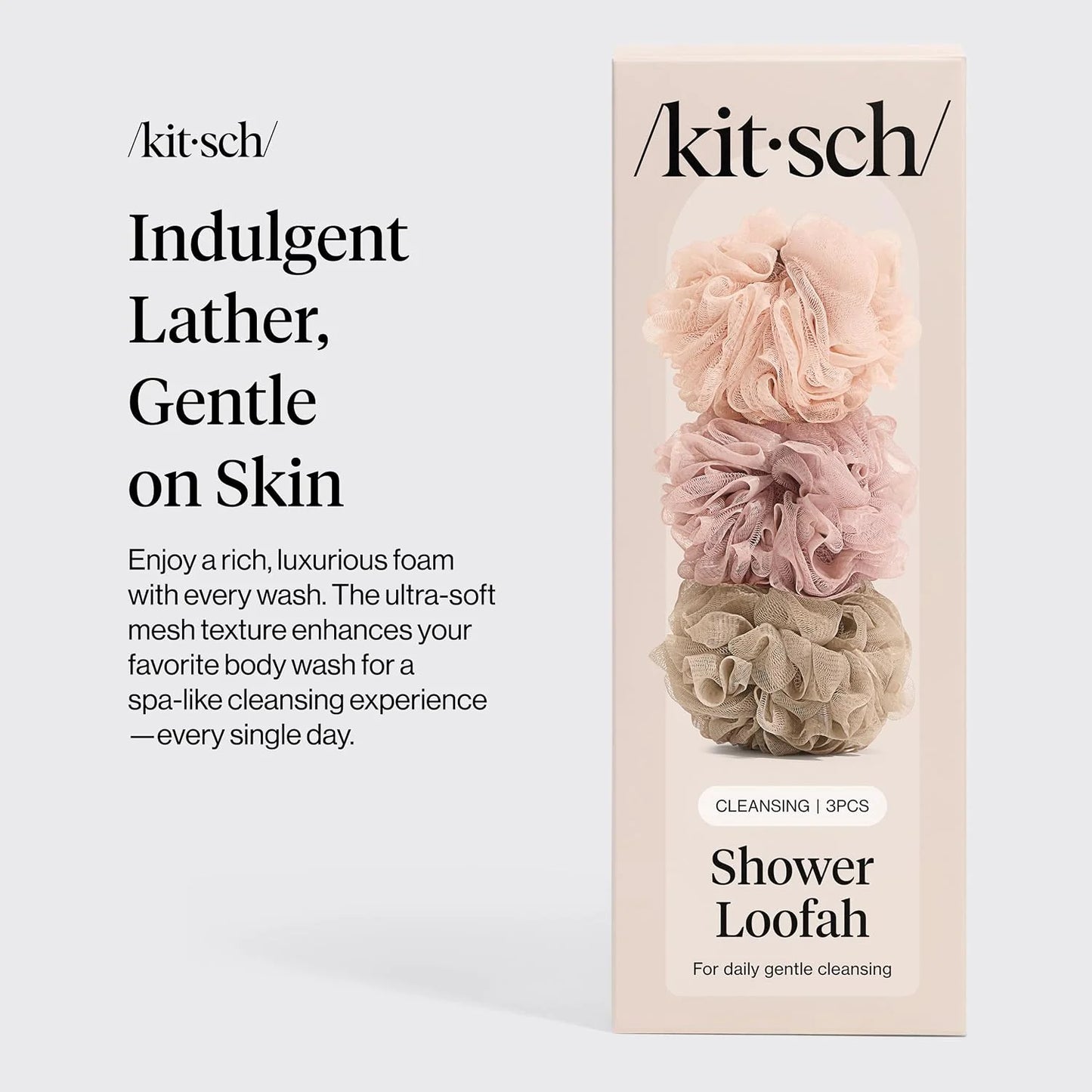 Kitsch Shower Loofah – Soft Mesh Body Scrubber & Bath Sponge - 3pc Set