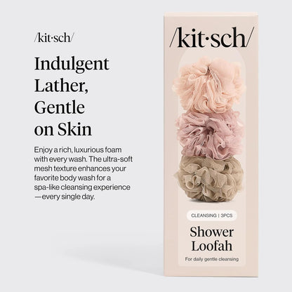 Kitsch Shower Loofah – Soft Mesh Body Scrubber & Bath Sponge - 3pc Set