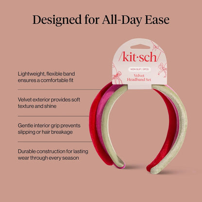 Kitsch Velvet & Satin Headbands for Women - Cream & Camel, 2pc Set
