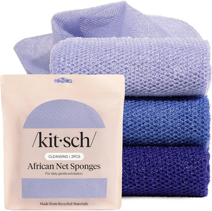 Kitsch African Net Sponge – Exfoliating Body Scrubber – Aqua Grey, 3 Pcs