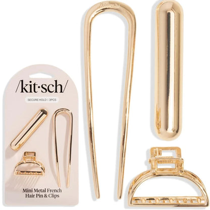 Kitsch Mini Metal French Hair Pin & Hair Clips for Women - Silver, Set of 3