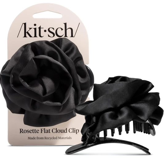 Kitsch Medium Satin Rosette Flat Claw Clip for Women - Black, 1pc