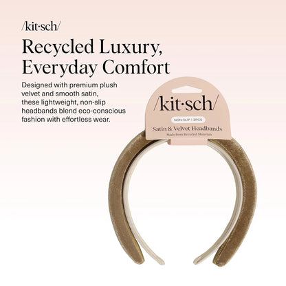 Kitsch Velvet & Satin Headbands for Women - Cream & Camel, 2pc Set