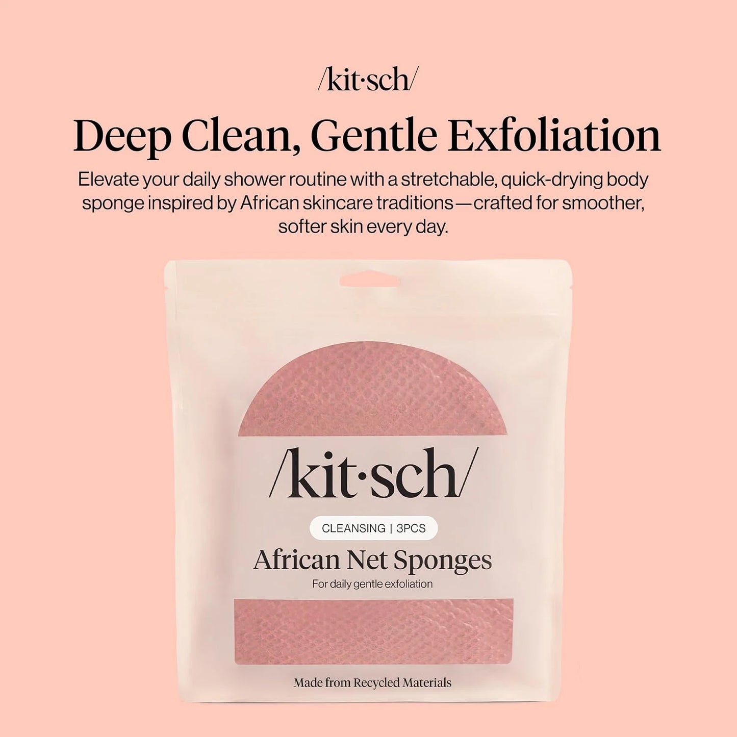 Kitsch African Net Sponge – Exfoliating Body Scrubber – Aqua Grey, 3 Pcs