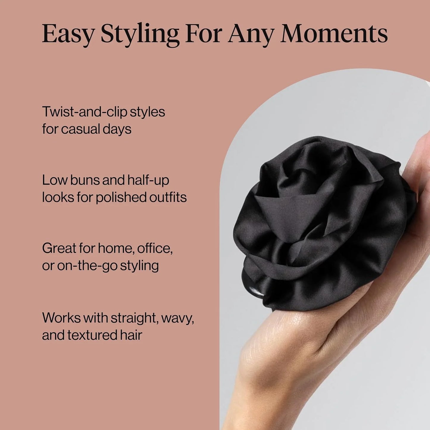 Kitsch Medium Satin Rosette Flat Claw Clip for Women - Black, 1pc