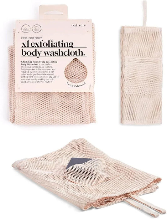 Kitsch Exfoliating Body & Back Scrubber for Shower with Built-in Pocket Bar Soap Bag, Recycled Nylon Exfoliating Washcloth Net, Scrub Exfoliator for Smooth Skin, Bath Essentials for Daily Use, Blush
