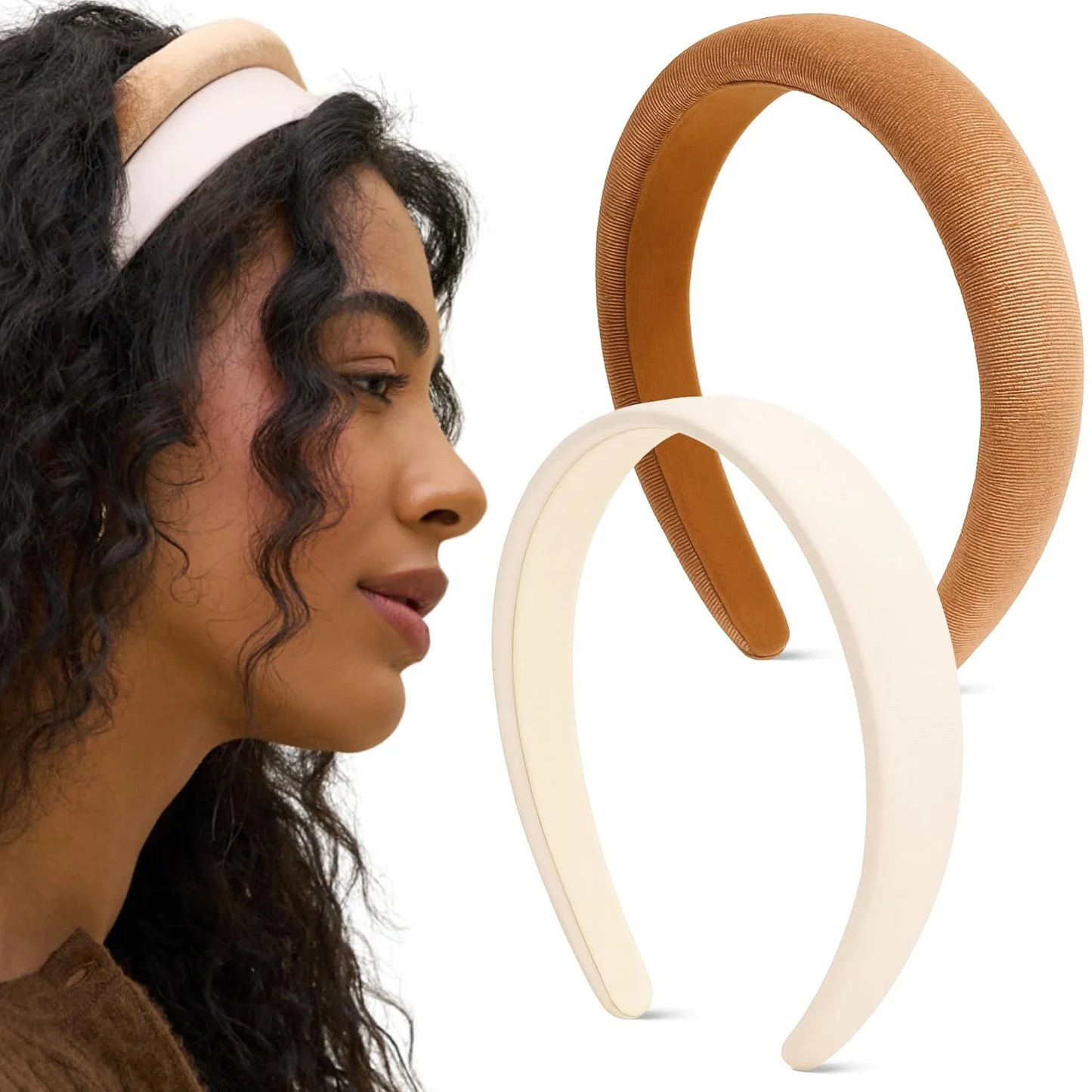 Kitsch Velvet & Satin Headbands for Women - Cream & Camel, 2pc Set