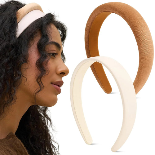 Kitsch Velvet & Satin Headbands for Women - Cream & Camel, 2pc Set