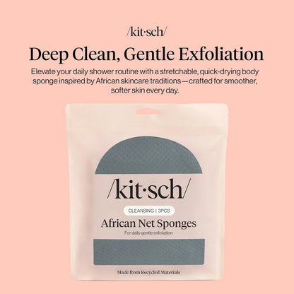 Kitsch African Net Sponge – Exfoliating Body Scrubber – Aqua Grey, 3 Pcs