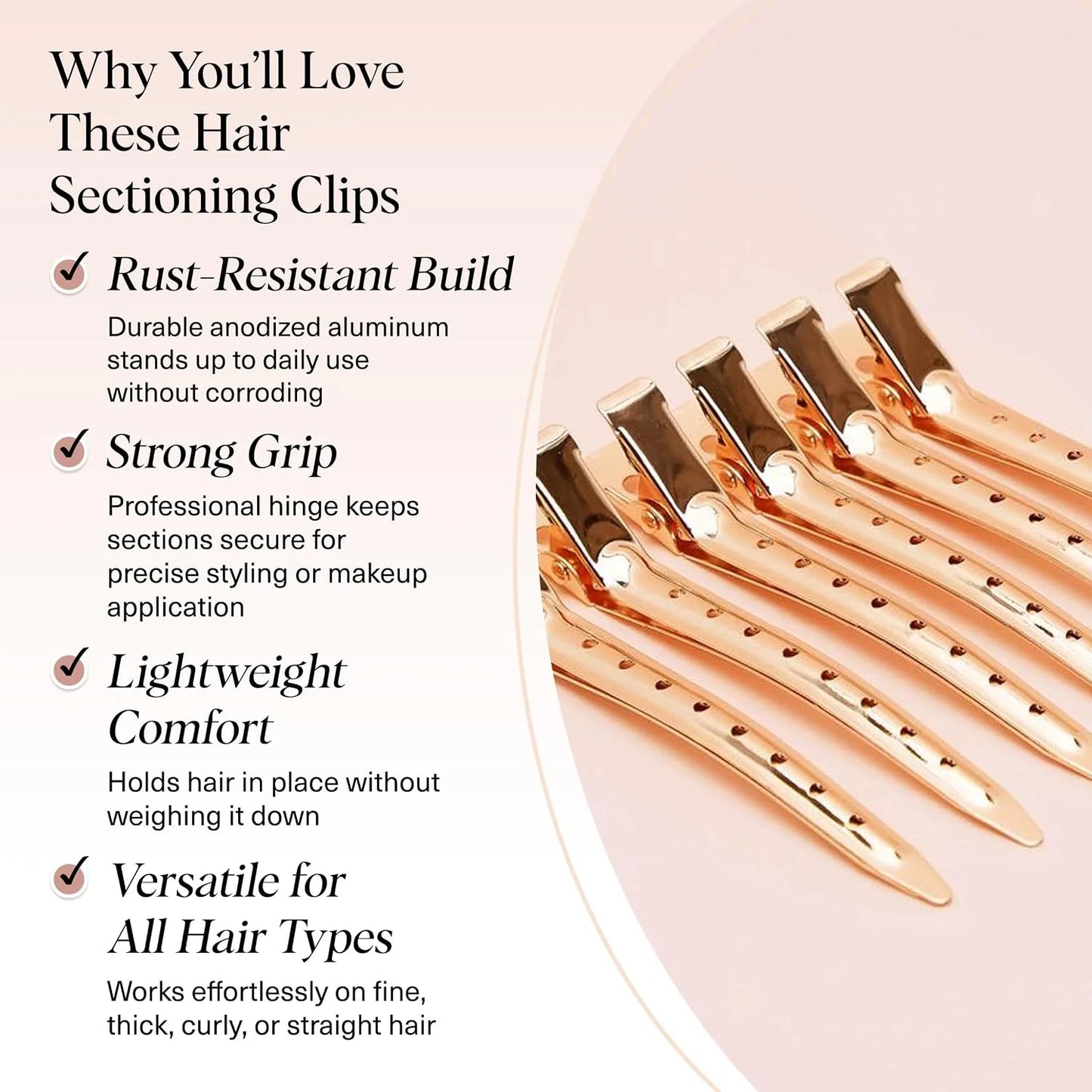 Kitsch Professional Alligator Clips - Rose Gold, 6 Pcs