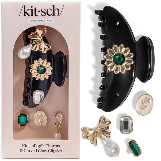 KitschPop ™ Hair Clips For Women with Charm Sets -Vintage Black, 7pcs Set