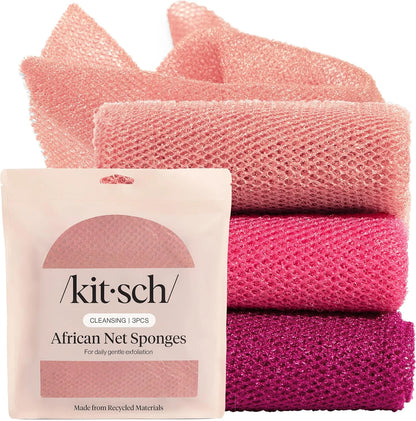 Kitsch African Net Sponge – Exfoliating Body Scrubber – Aqua Grey, 3 Pcs