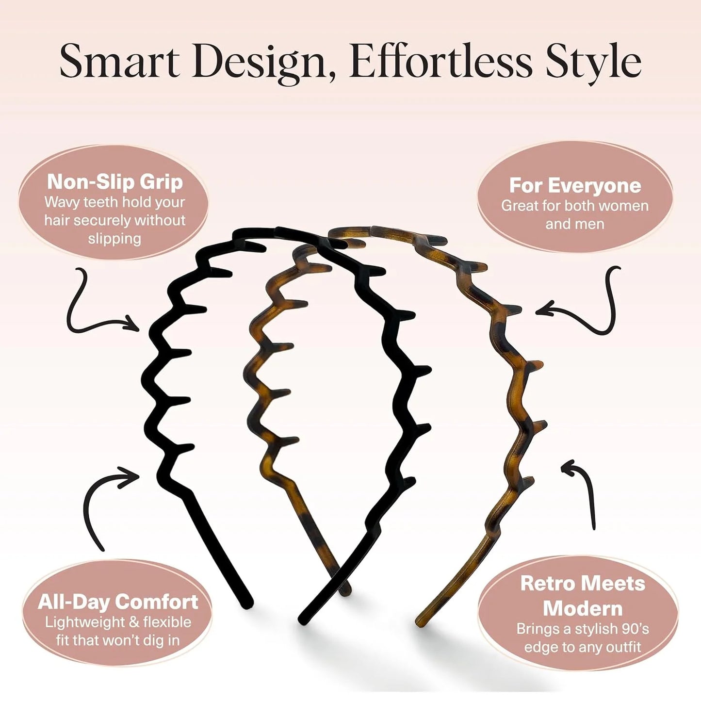 Kitsch Zig Zag Headbands for Women - Black and Tortoise, 2 pcs