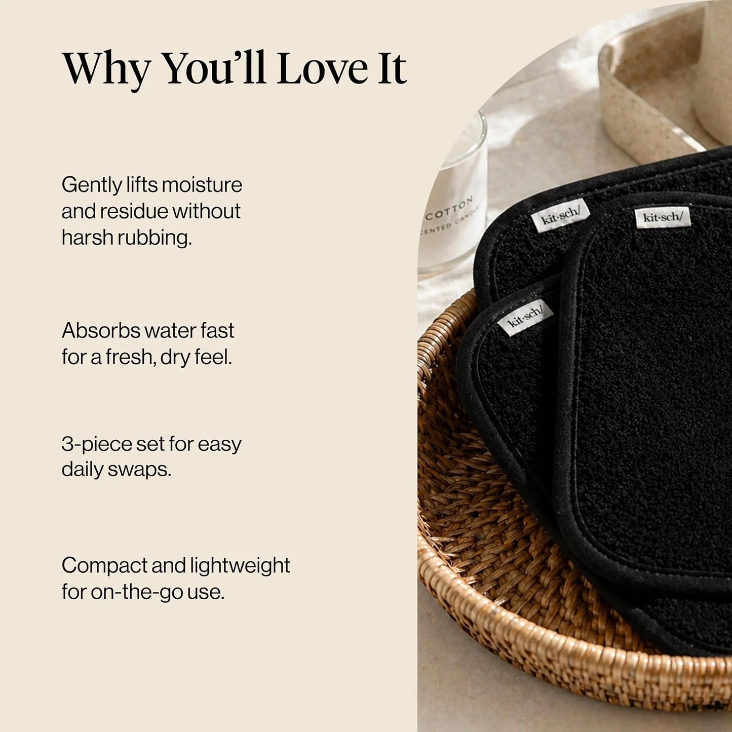 Kitsch Microfiber Face Towels 3pc Set | Clean Towels for Face - Black