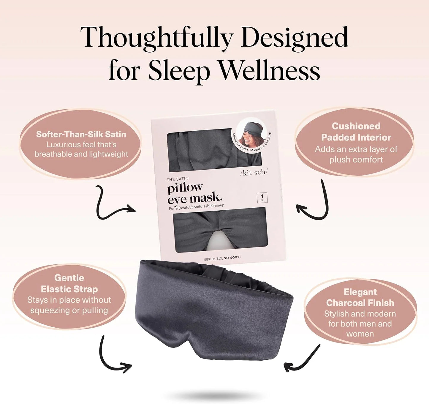 Kitsch Contour Satin Sleep Mask | Eye Masks for Sleep - Charcoal