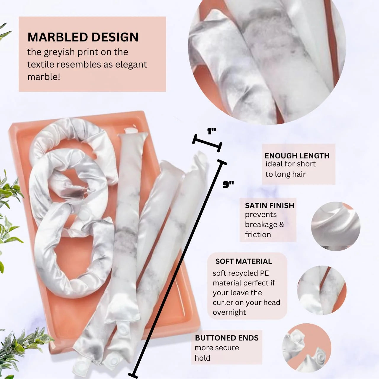 Kitsch Satin Pillow Rollers Flexi Rods, Heatless Curling Rod - 6pcs Marble