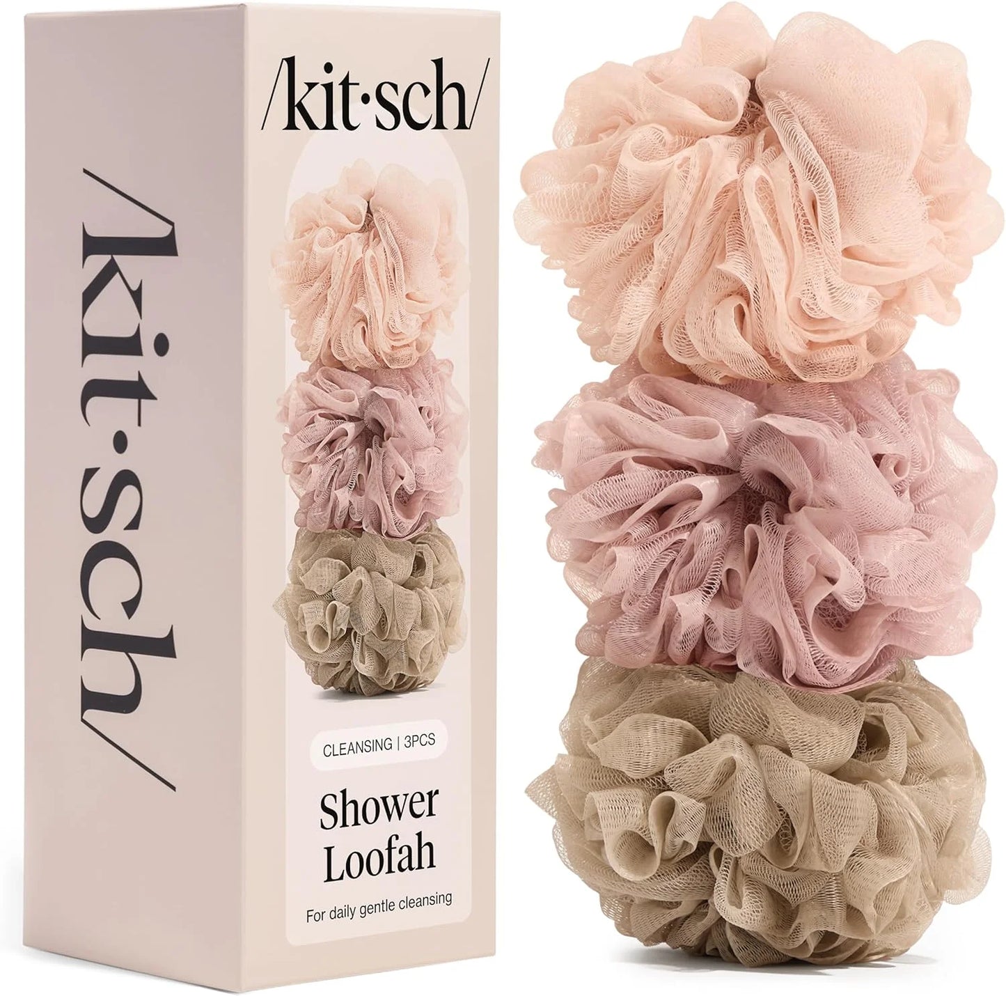 Kitsch Shower Loofah – Soft Mesh Body Scrubber & Bath Sponge - 3pc Set
