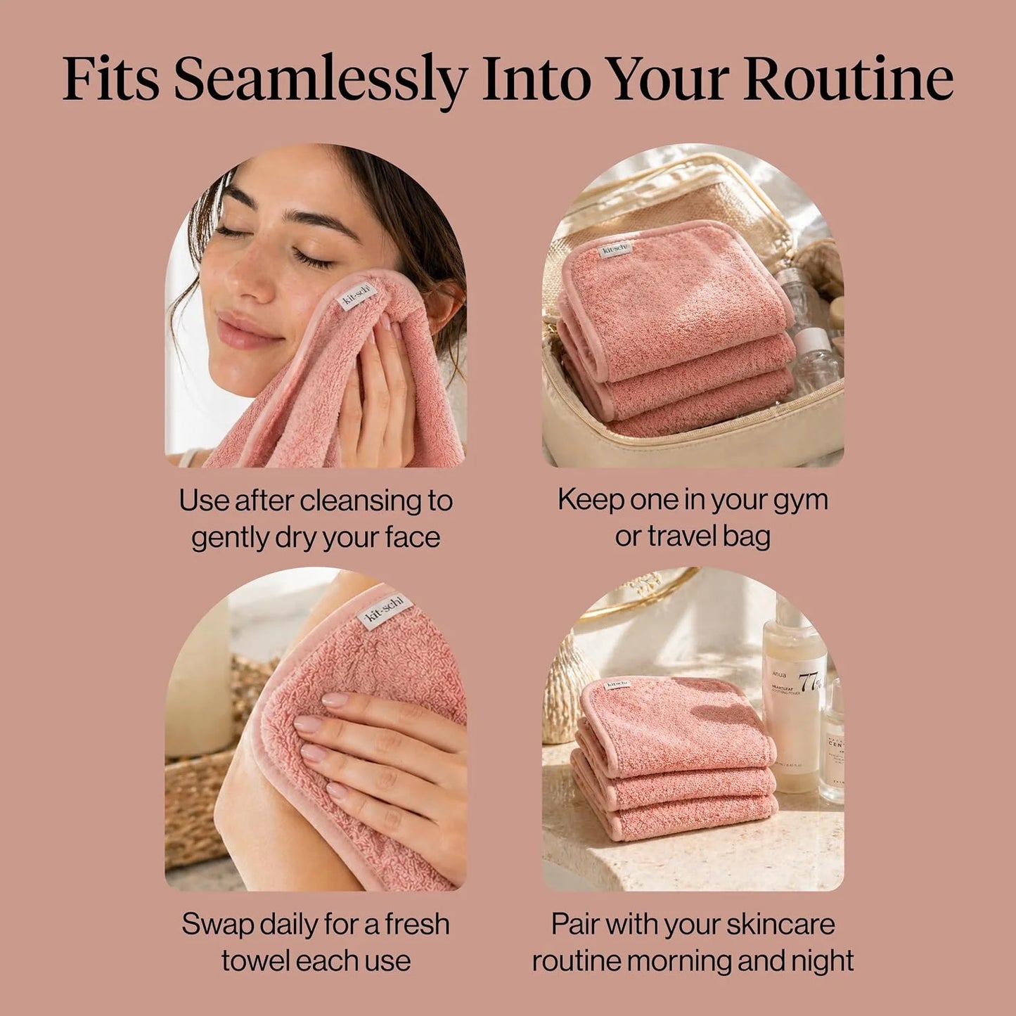 Kitsch Microfiber Face Towels 3pc Set | Clean Towels for Face - Black