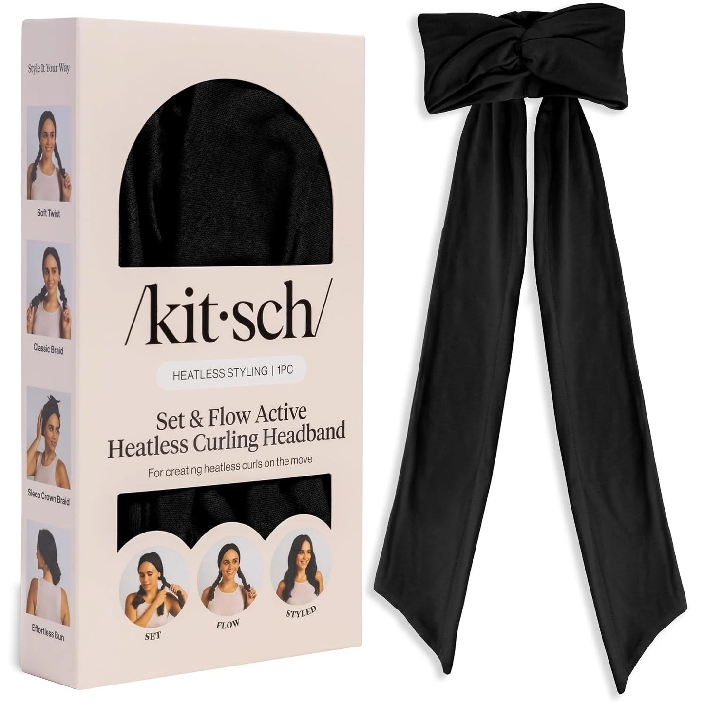 Kitsch Set & Flow Active Heatless Curling Headband For Women - Black, 1pc