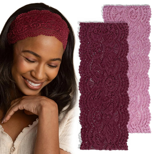 Kitsch Lace Wide Headbands for Women Non Slip - Cherry Lacquer & Dusty Pink