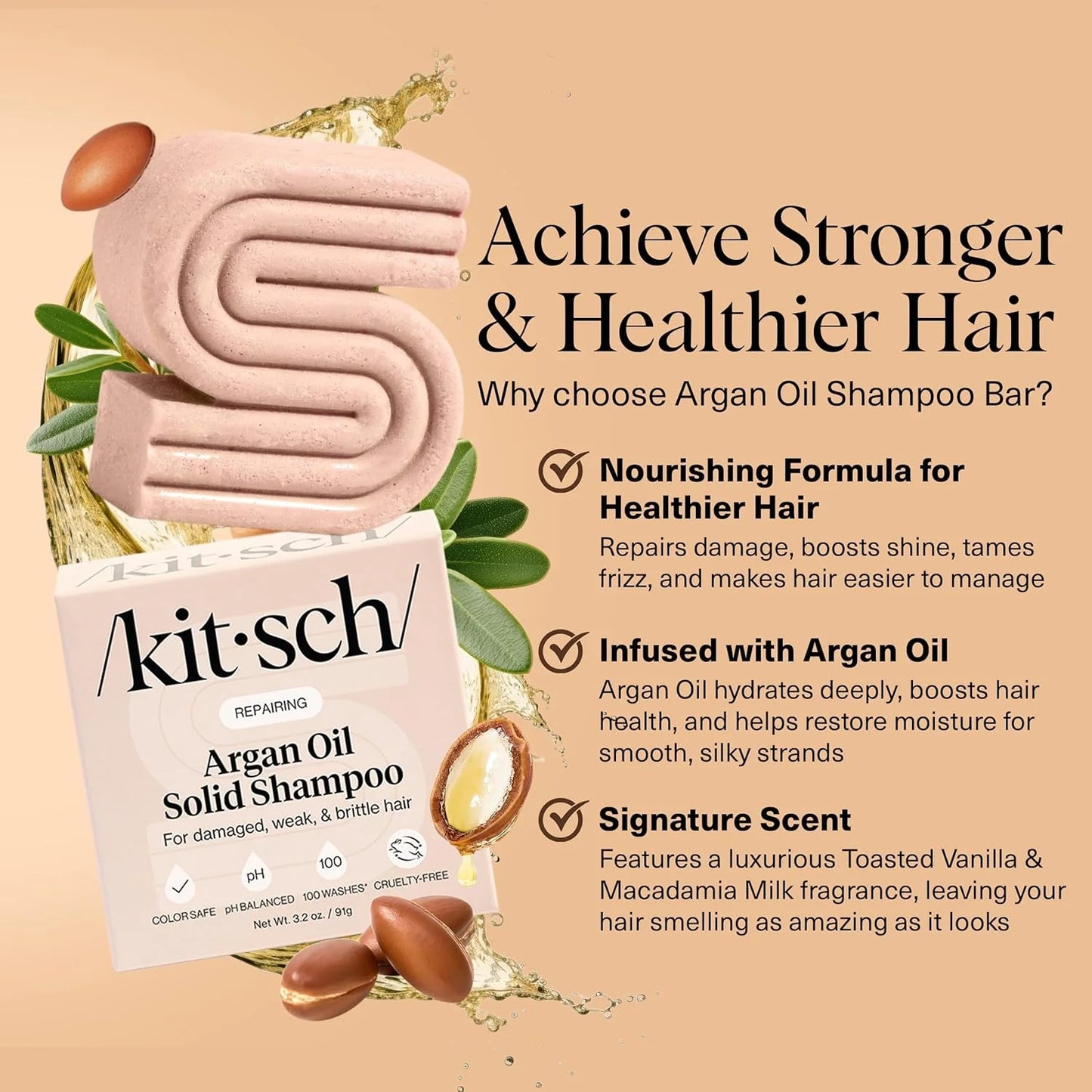 Kitsch Argan Oil Shampoo Bar Soap for Hair Growth - Made in USA, 3.2 oz