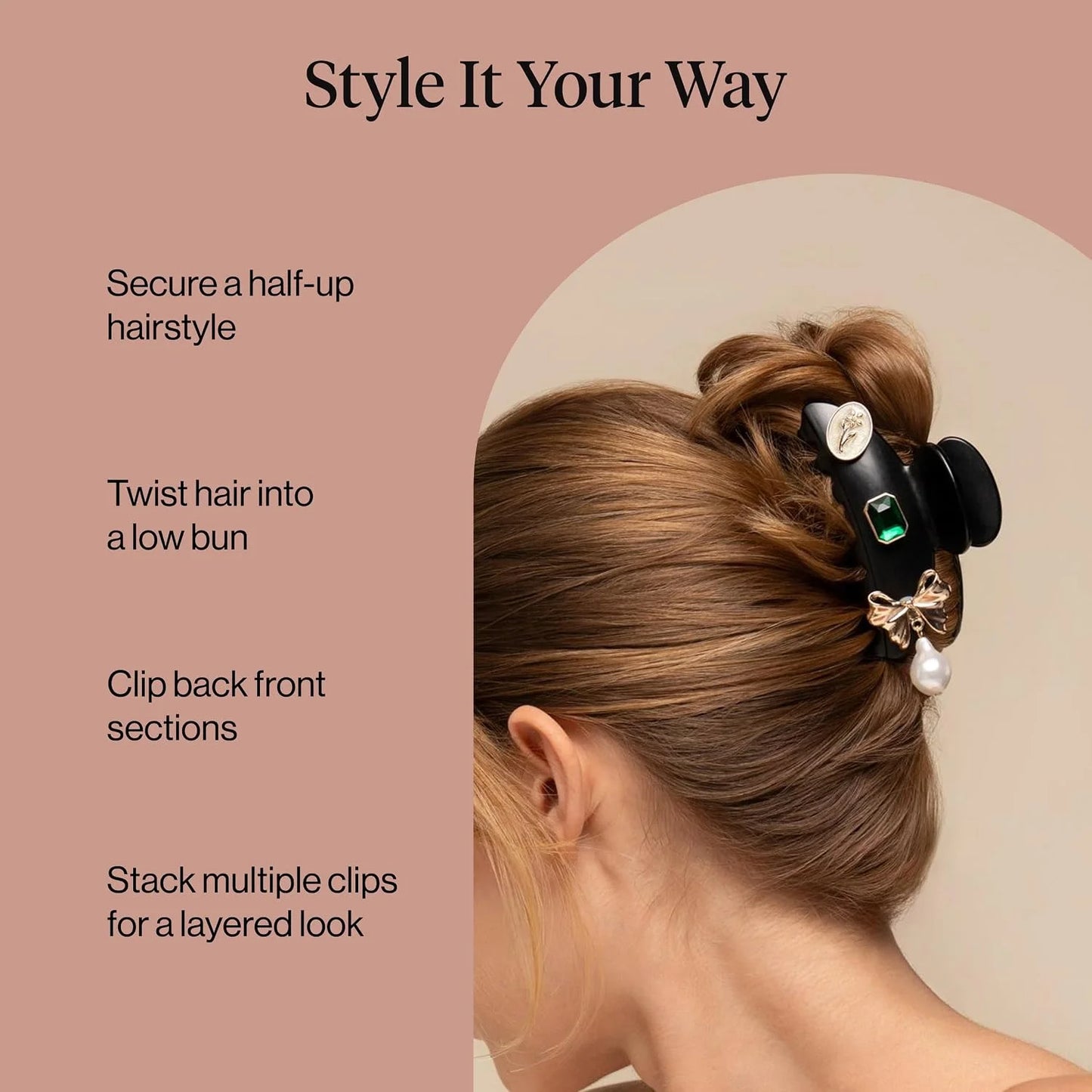 KitschPop ™ Hair Clips For Women with Charm Sets -Vintage Black, 7pcs Set