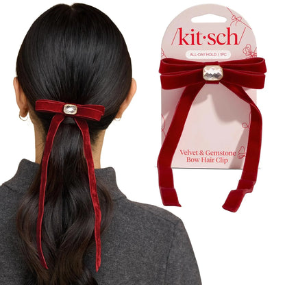 Kitsch Velvet Bow Hair Clip with Gemstone – Cute Hair Accessories, 1pc