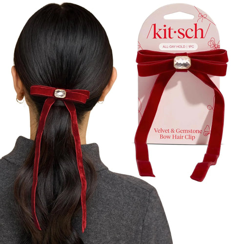 Kitsch Velvet Bow Hair Clip with Gemstone – Cute Hair Accessories, 1pc