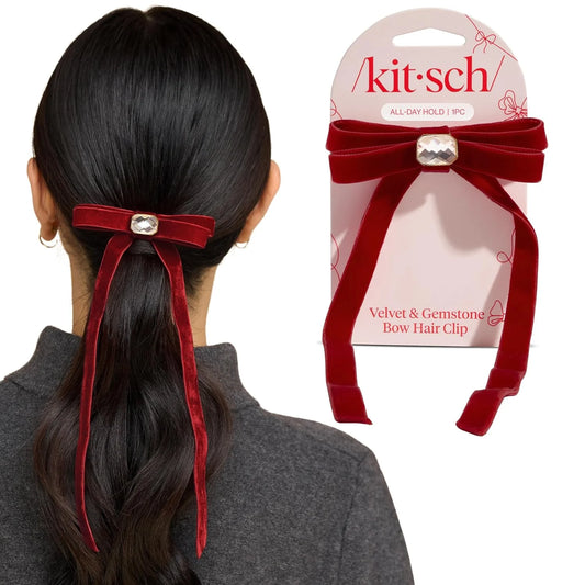 Kitsch Velvet Bow Hair Clip with Gemstone – Cute Hair Accessories, 1pc