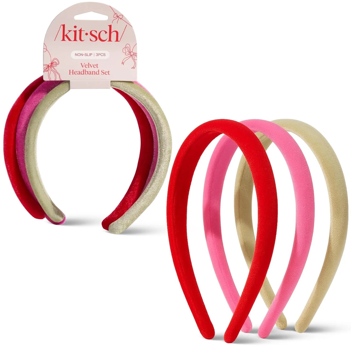 Kitsch Velvet & Satin Headbands for Women - Cream & Camel, 2pc Set