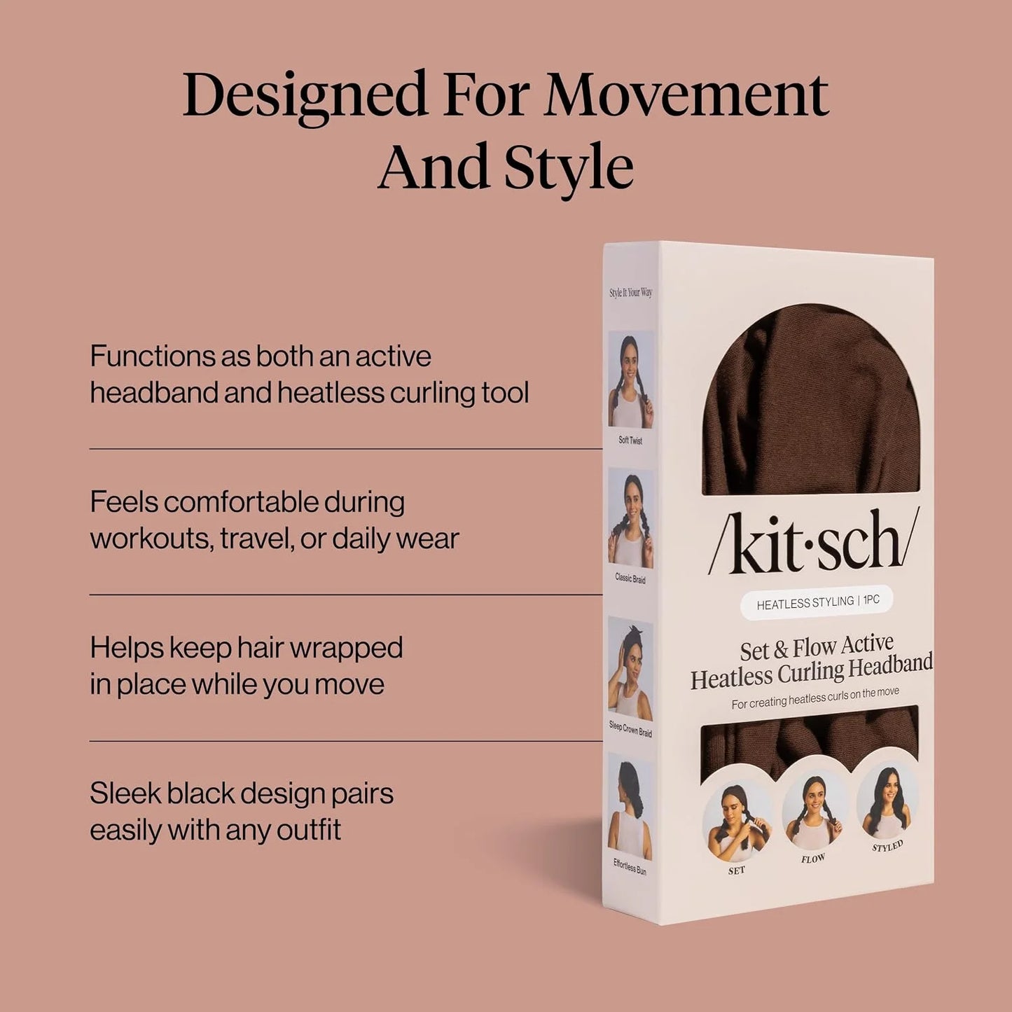 Kitsch Set & Flow Active Heatless Curling Headband For Women - Black, 1pc