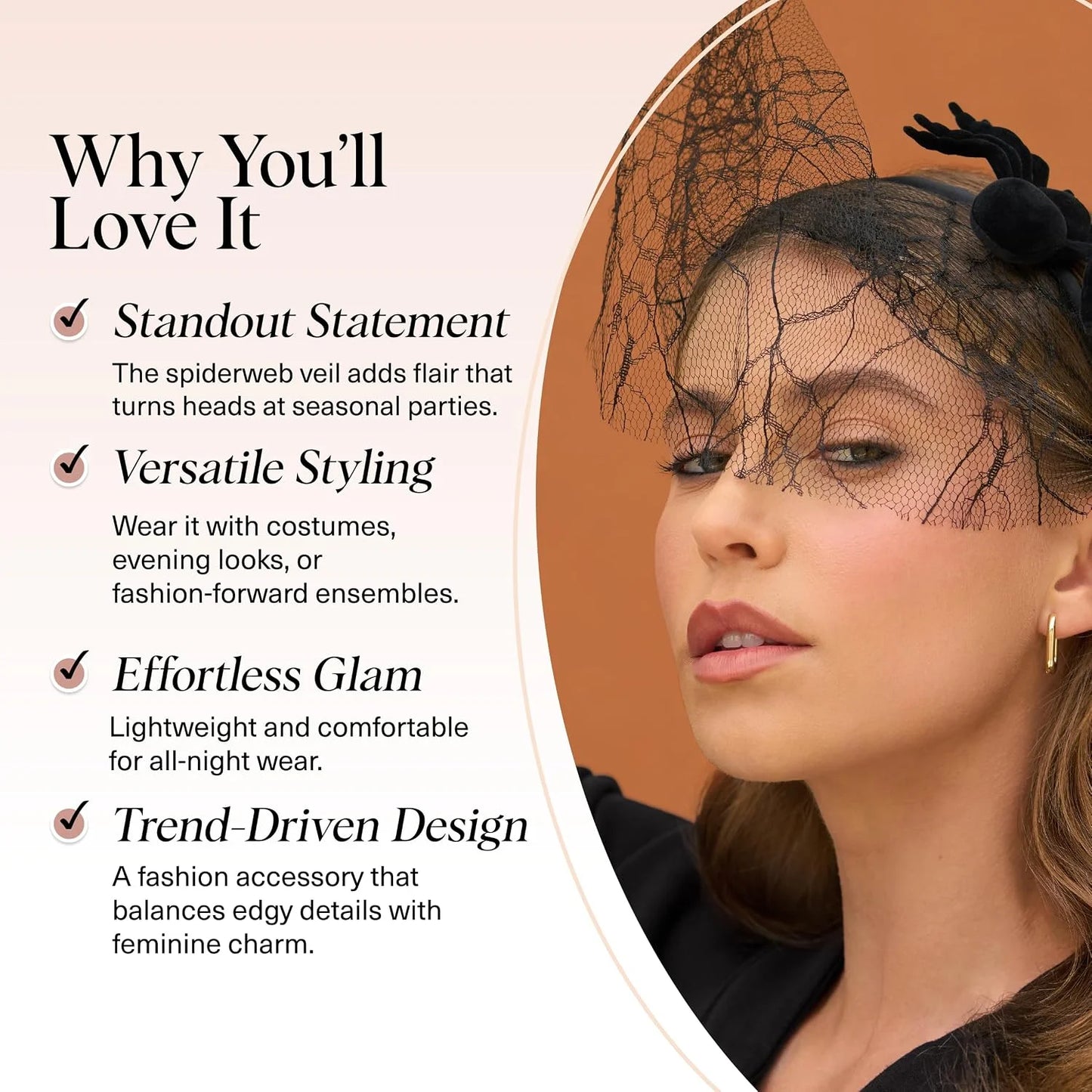 Kitsch Veil Headband - Black Headband with Statement Spiderweb Veil, 1pc