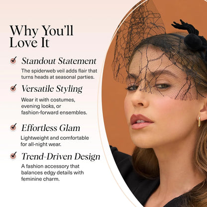 Kitsch Veil Headband - Black Headband with Statement Spiderweb Veil, 1pc