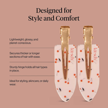 Kitsch Creaseless Hair Clips for Women - Cherry Print, 4pcs