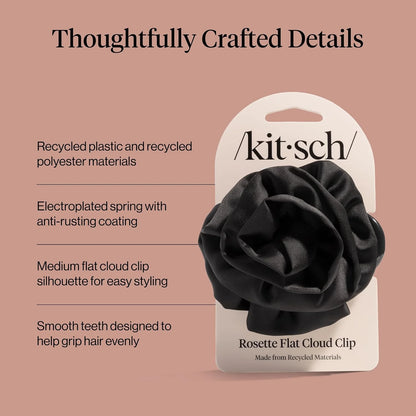Kitsch Medium Satin Rosette Flat Claw Clip for Women - Black, 1pc