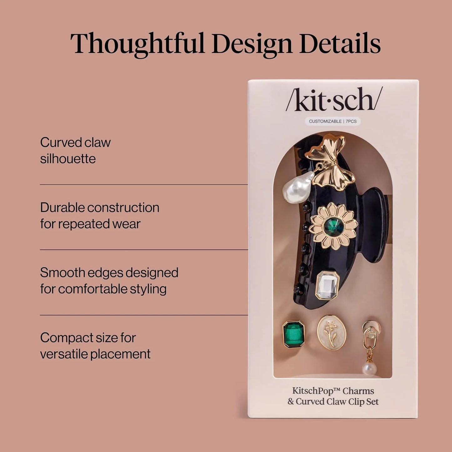 KitschPop ™ Hair Clips For Women with Charm Sets -Vintage Black, 7pcs Set