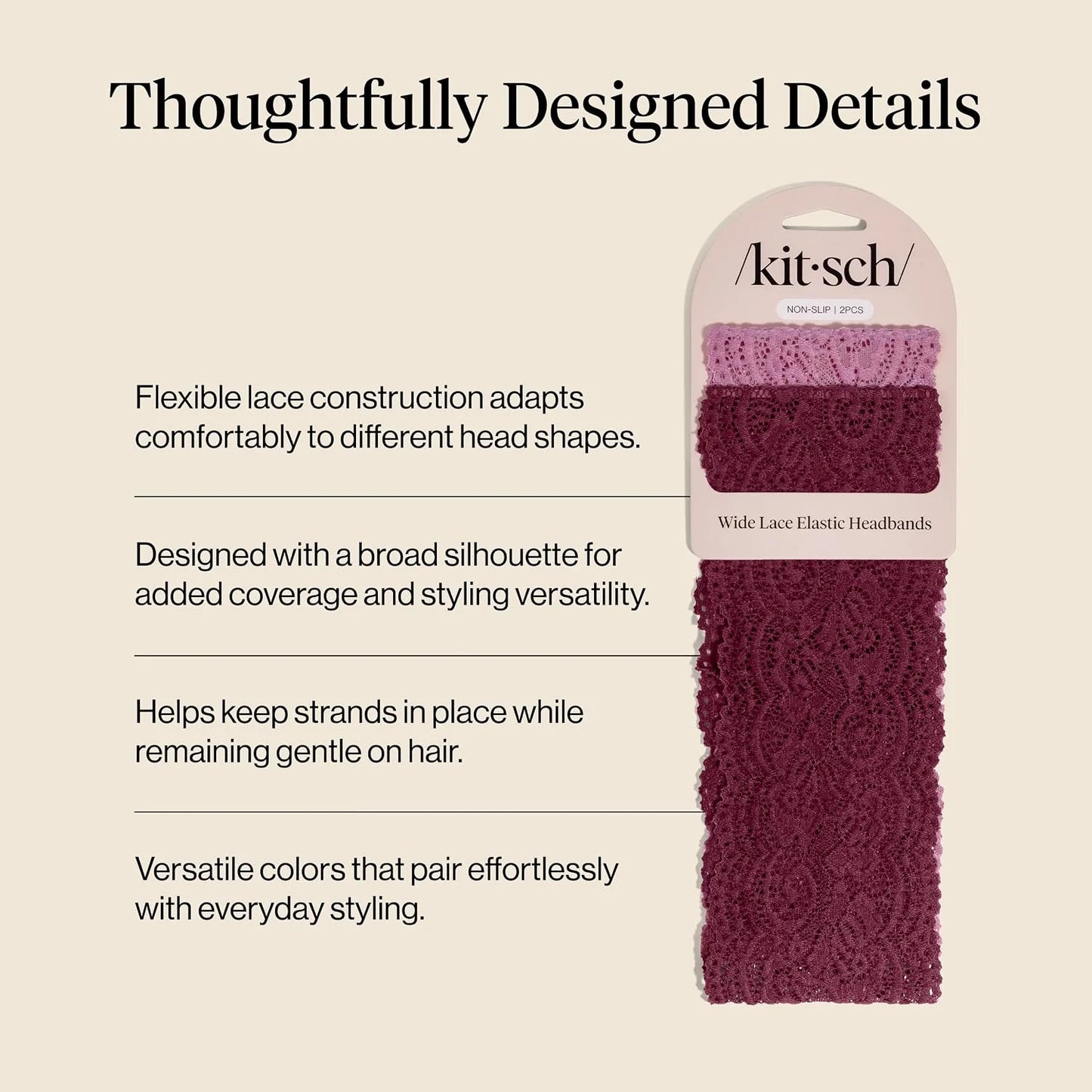 Kitsch Lace Wide Headbands for Women Non Slip - Cherry Lacquer & Dusty Pink