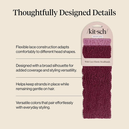 Kitsch Lace Wide Headbands for Women Non Slip - Cherry Lacquer & Dusty Pink