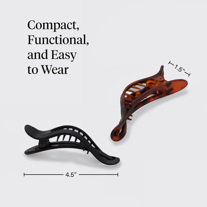Kitsch Flat Hair Clips for Women - Black & Tortoise, 2pc
