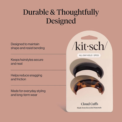 Kitsch Medium Hair Cuffs Hair Ties For Women - Black and Tort, 2pcs