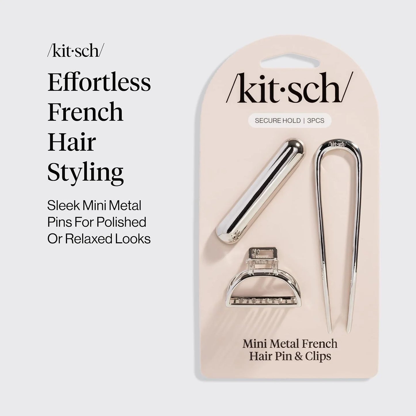 Kitsch Mini Metal French Hair Pin & Hair Clips for Women - Silver, Set of 3