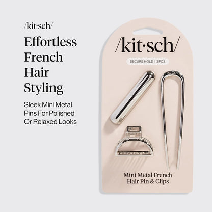 Kitsch Mini Metal French Hair Pin & Hair Clips for Women - Silver, Set of 3