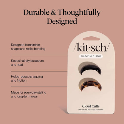 Kitsch Medium Hair Cuffs Hair Ties For Women - Black and Tort, 2pcs