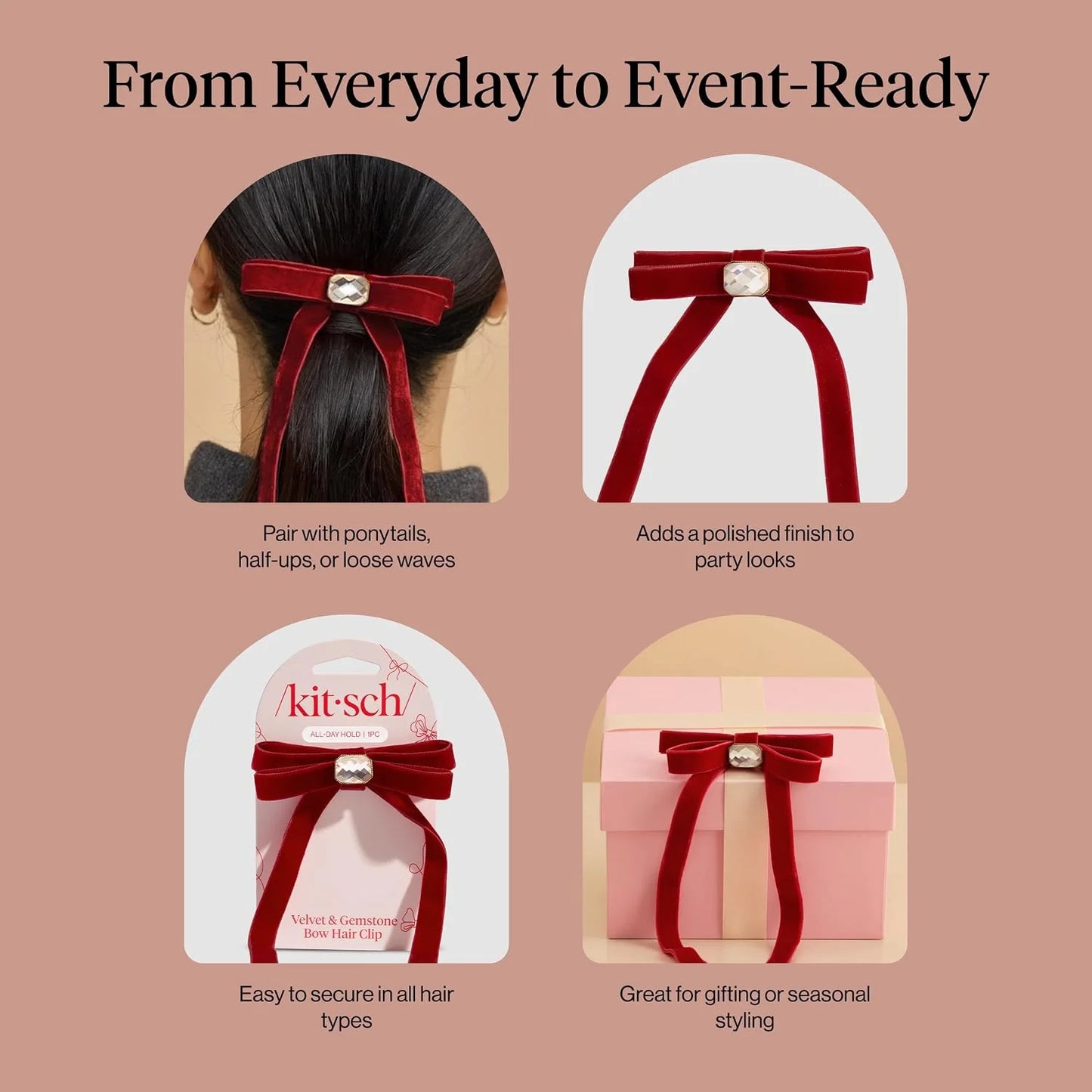 Kitsch Velvet Bow Hair Clip with Gemstone – Cute Hair Accessories, 1pc