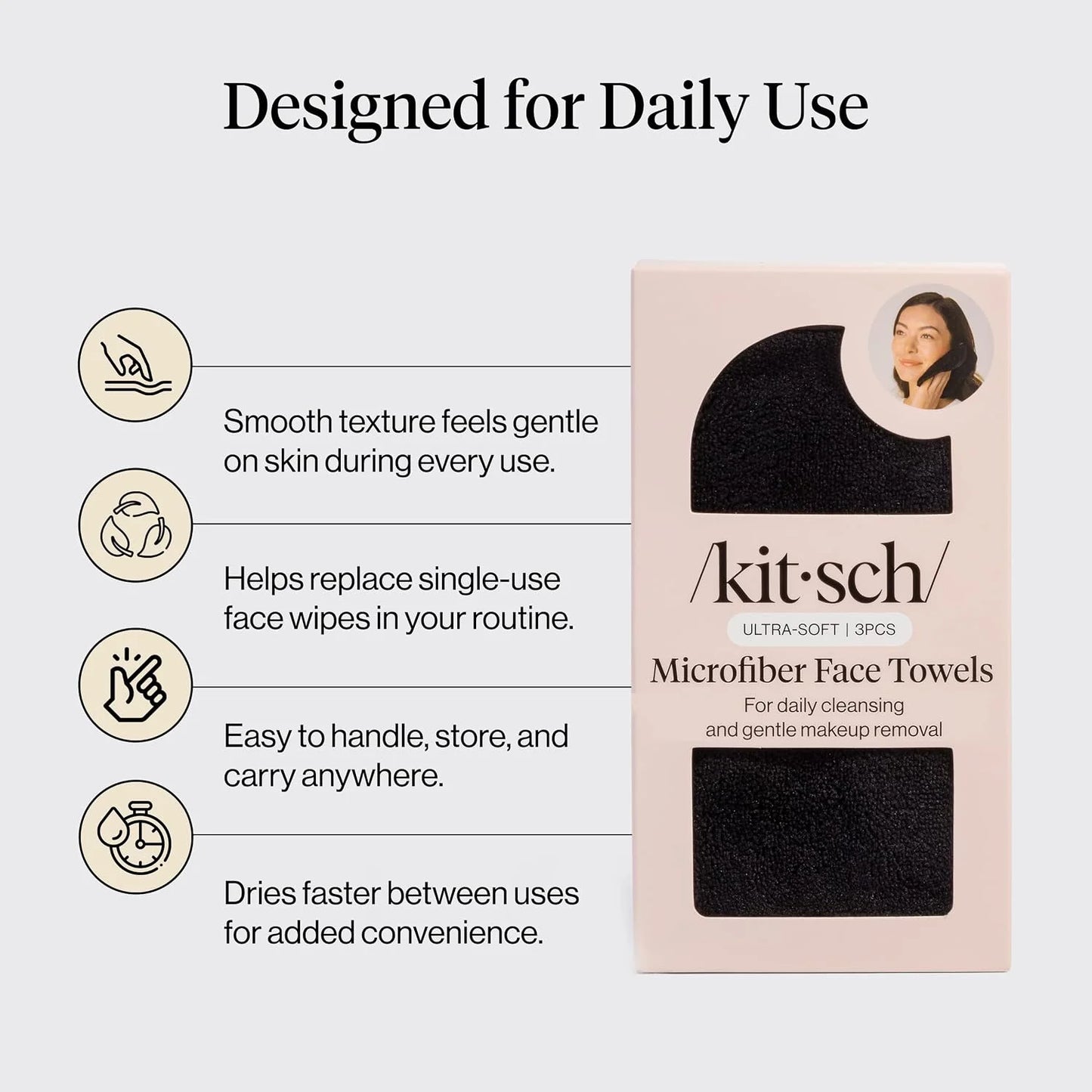 Kitsch Microfiber Face Towels 3pc Set | Clean Towels for Face - Black