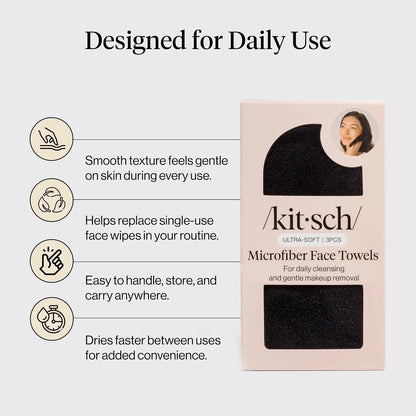 Kitsch Microfiber Face Towels 3pc Set | Clean Towels for Face - Black