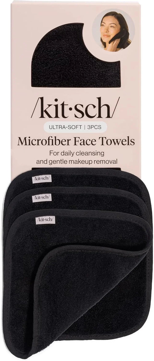 Kitsch Microfiber Face Towels 3pc Set | Clean Towels for Face - Black