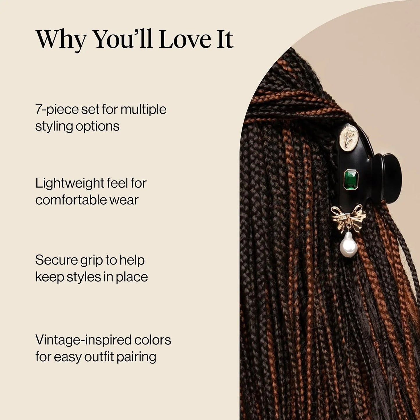 KitschPop ™ Hair Clips For Women with Charm Sets -Vintage Black, 7pcs Set